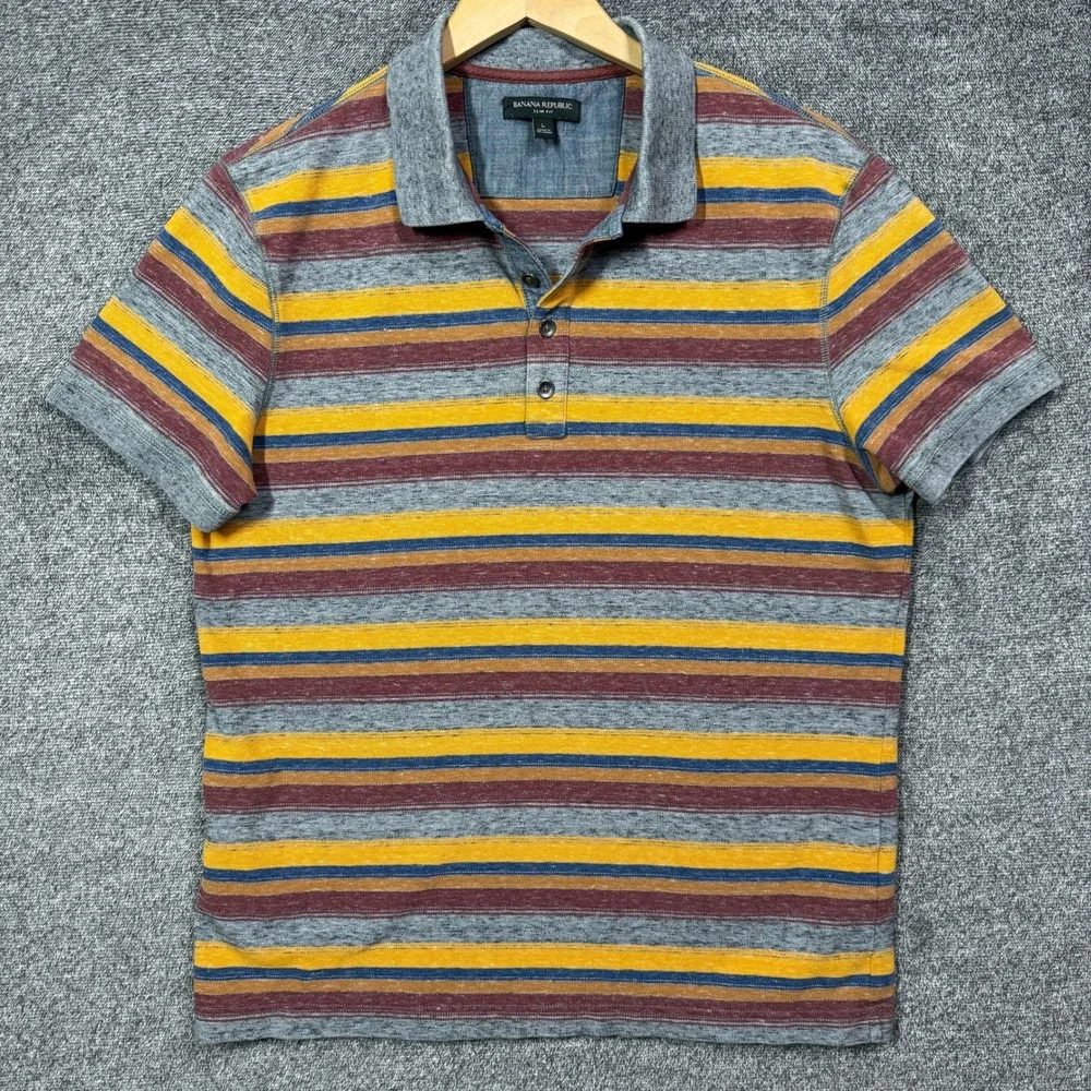 Banana Republic Polo Shirt Mens L Slim Fit Striped Short Sleeve Multi Color
